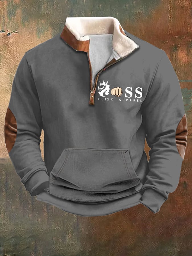 Sudadera vintage Letter Design estampado Plush Stand cuello cierre para hombre
