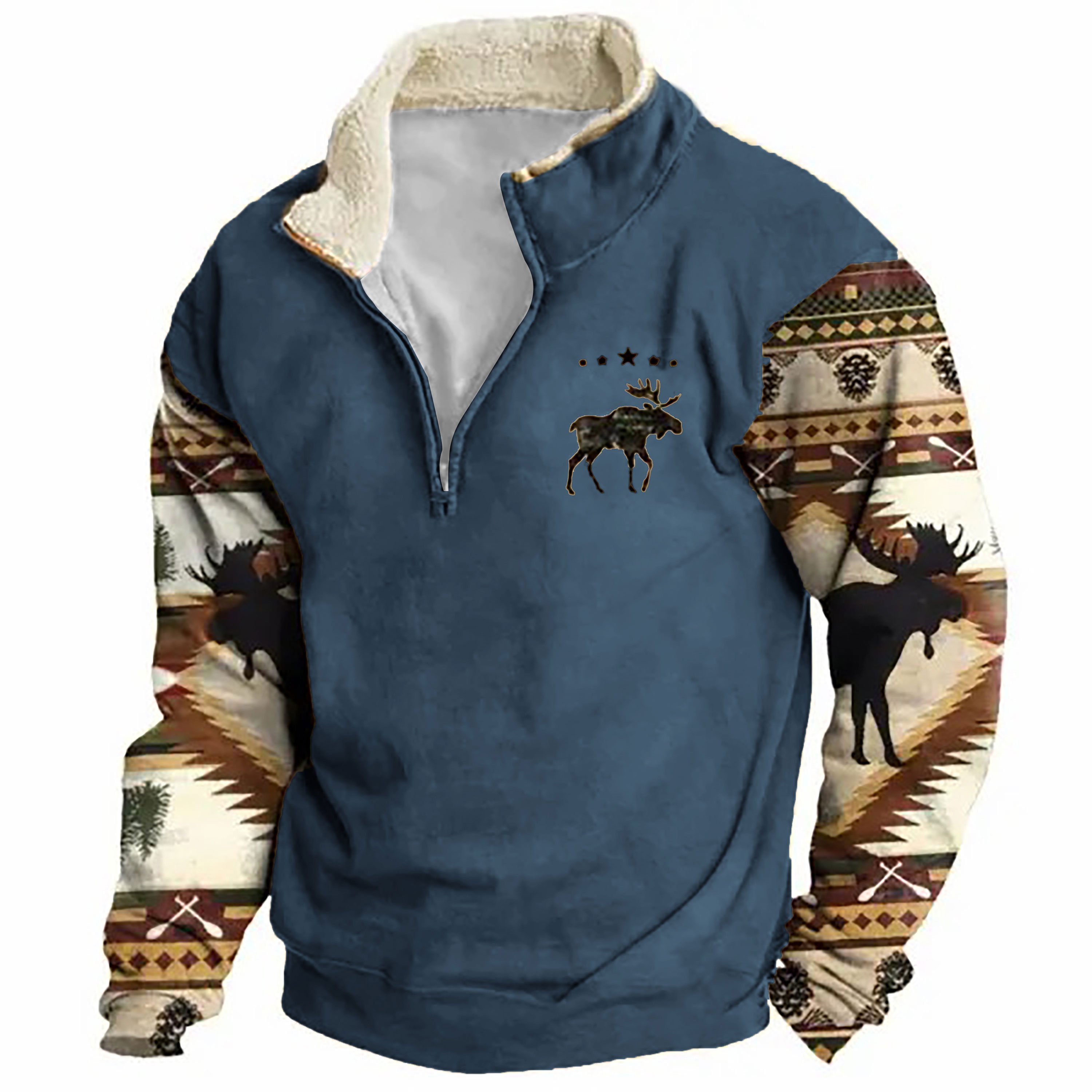 Sudadera retro Moose Creek Ethnic estampado Plush Half Open cuello Pullover para hombre