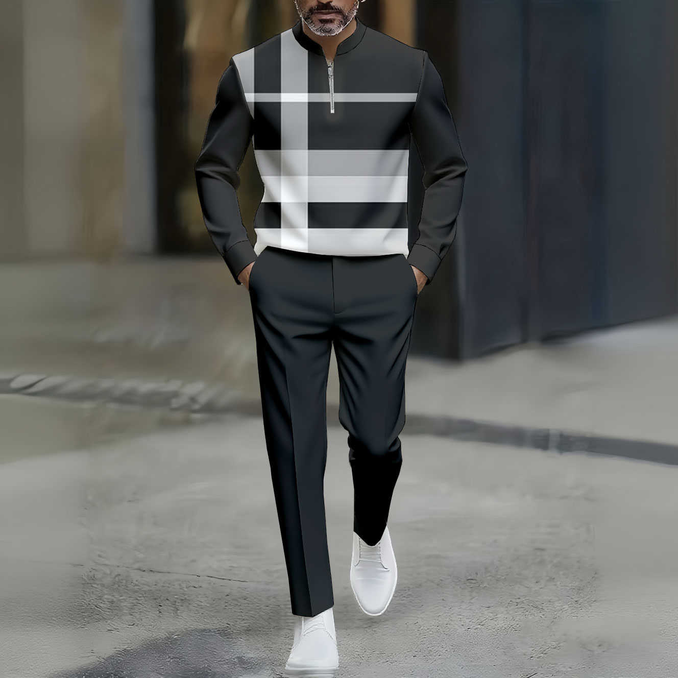 Conjunto de dos piezas casual Checked estampado Polo Collar Zipper de manga larga pantalón para hombre