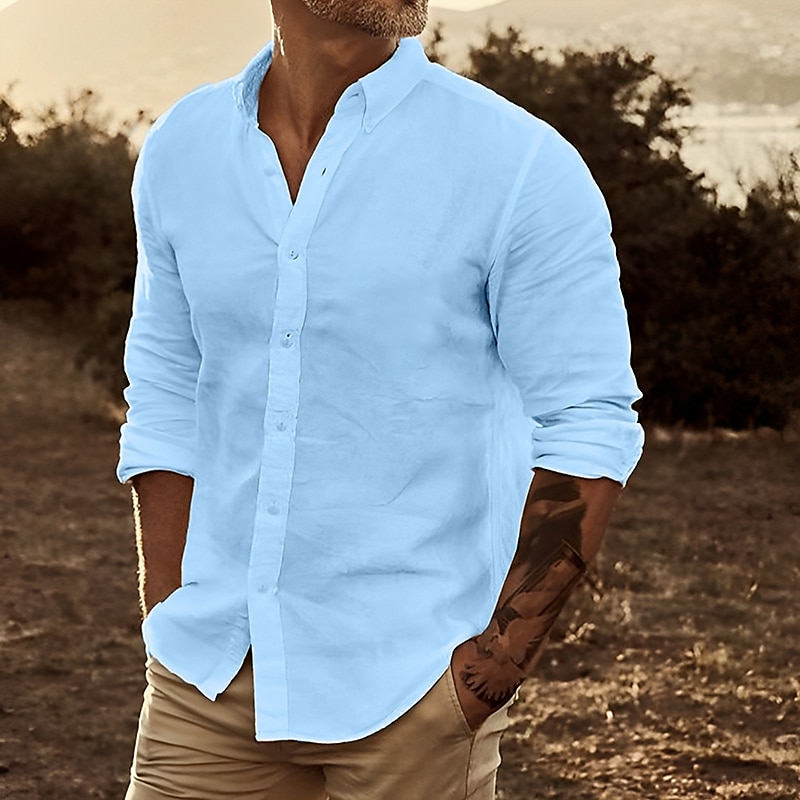 Camisa de lino Summer camisa Beach Wear Button Up camisa Plain casual para uso diario White Yellow Pink Blue de manga larga solapa Spring & Summer Clothing Apparel Front bolsillo para hombre - vista 5