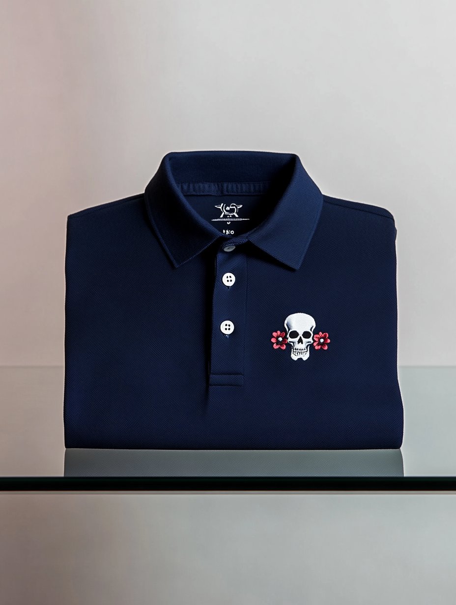 Camisa polo ejecutivo casual Skull and floral bordado con botones de manga corta para hombre