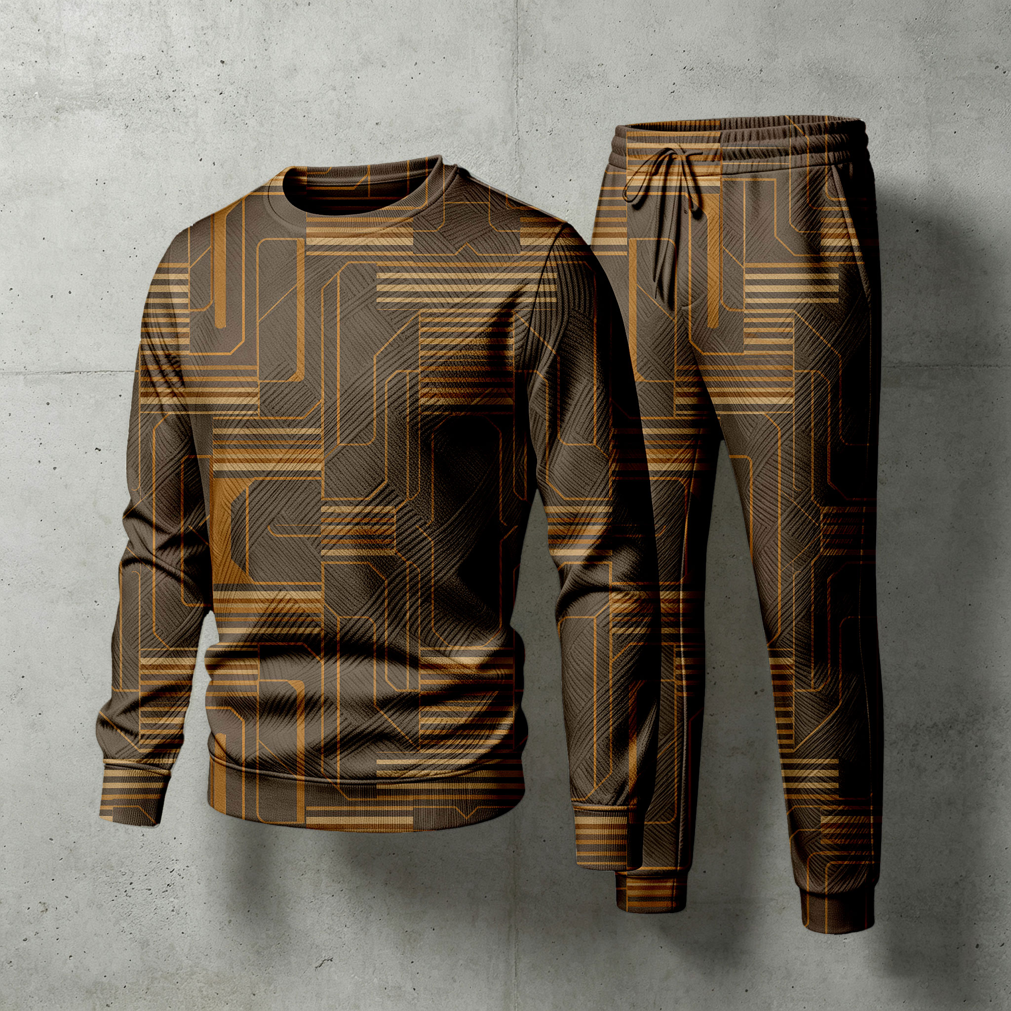 para hombre Brown Crew-Neck de manga larga camisa and pantalón Set