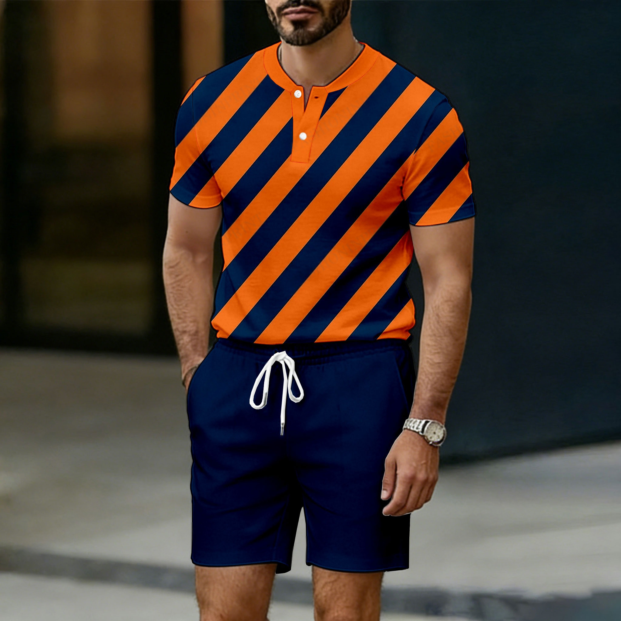 Conjunto de dos piezas casual Orange rayas estampado Crew Neck Button-Up de manga corta camiseta And shorts para hombre