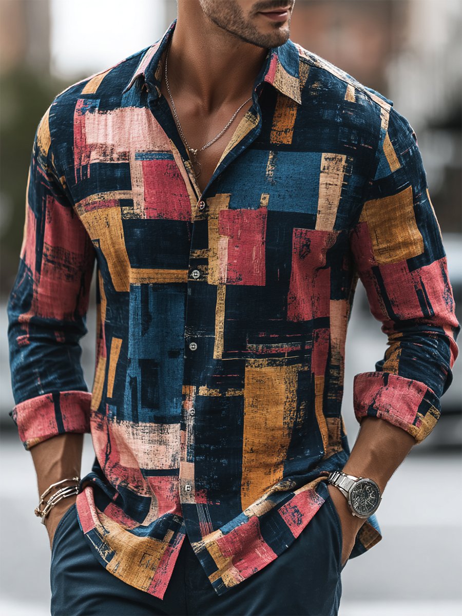 Camisa ejecutivo casual Bauhaus geométrico estampado de manga larga para hombre