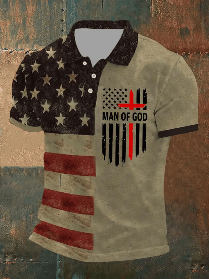 Camiseta Man Of God Cross America Flag estampado de manga corta POLO para hombre
