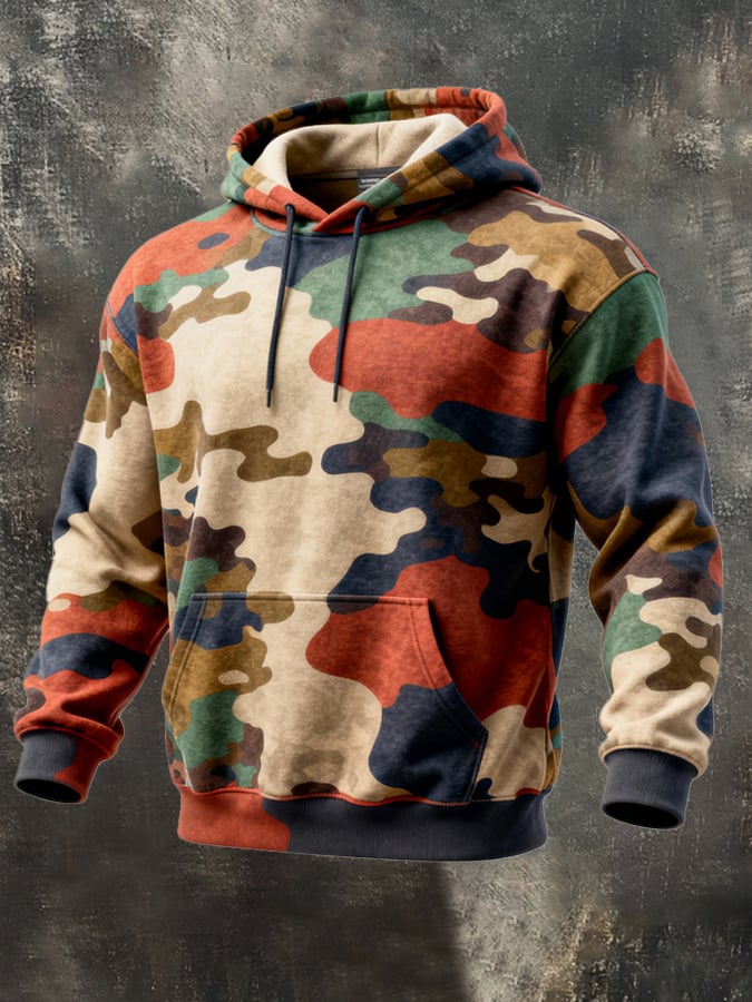 Sudadera retro desgastado en bloques de color estampado casual de manga larga para hombre