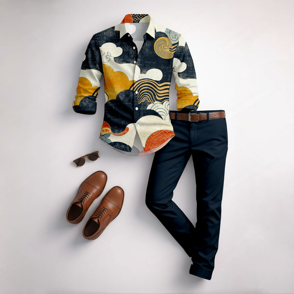 Conjunto de dos piezas casual Green Waves Color Matching Geometric estampado de manga larga camisa & Trousers para hombre