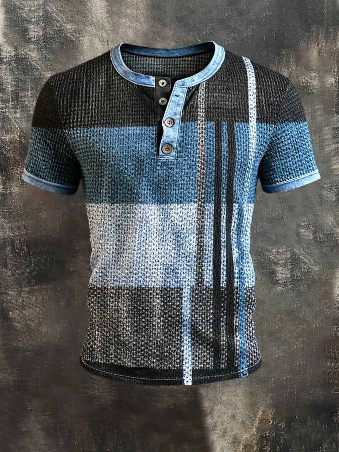 Camiseta vintage-Style Color-Block de manga corta With Henley cuello para hombre
