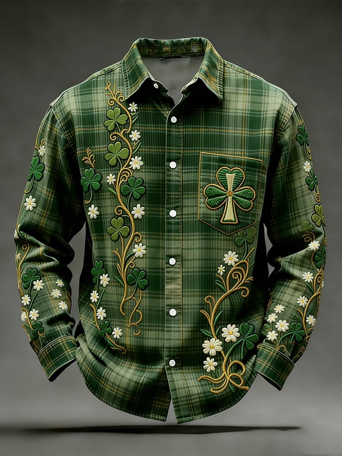 Camisa St. Patrick's Day Clover estampado de manga larga para hombre