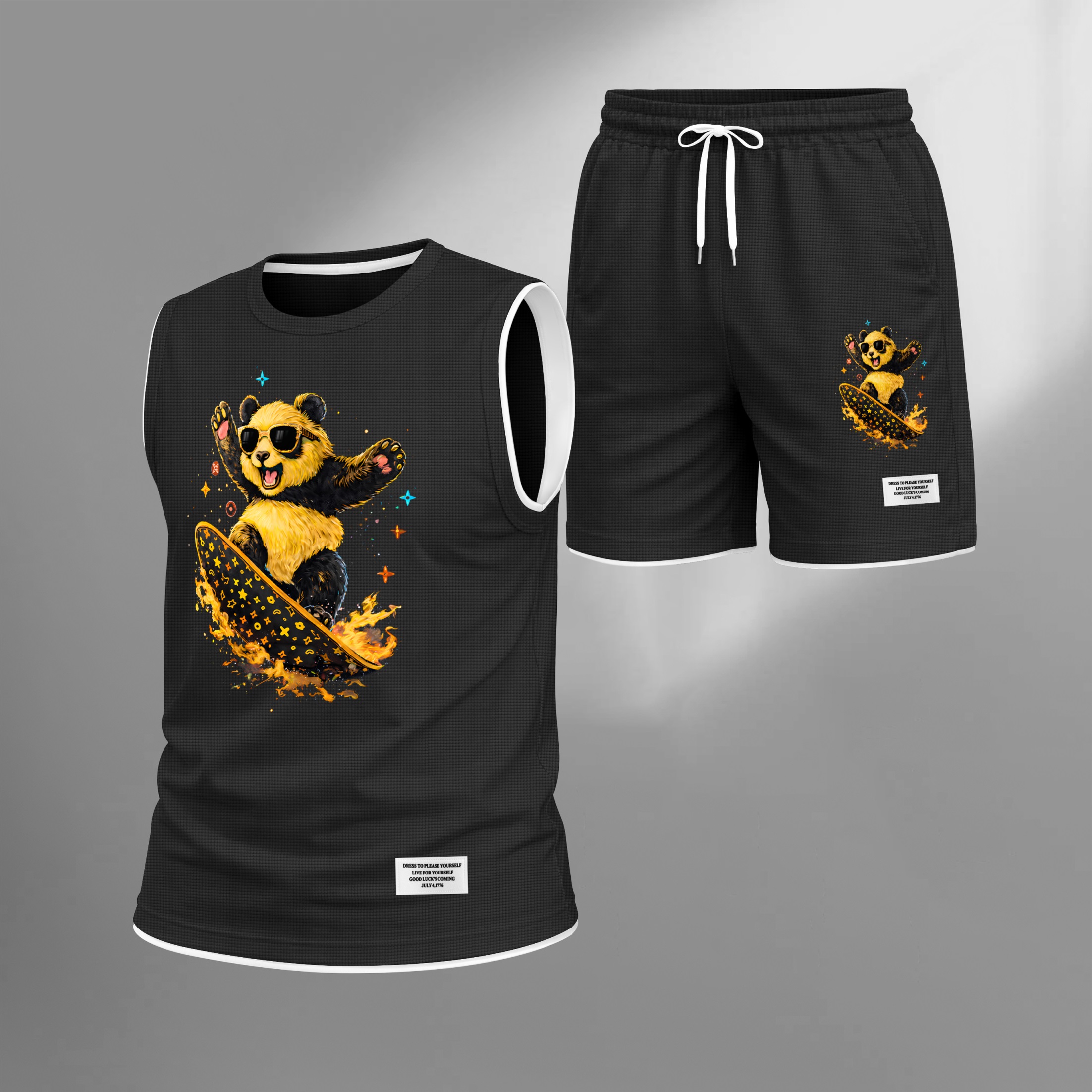 Shorts Cartoon Panda Graphic estampado Summer Set Sleeveless Tank Top & Matching Outfit, Skateboard Style Animal estampado Lightweight casual Streetwear Athletic Set for Everyday & Holiday para hombre