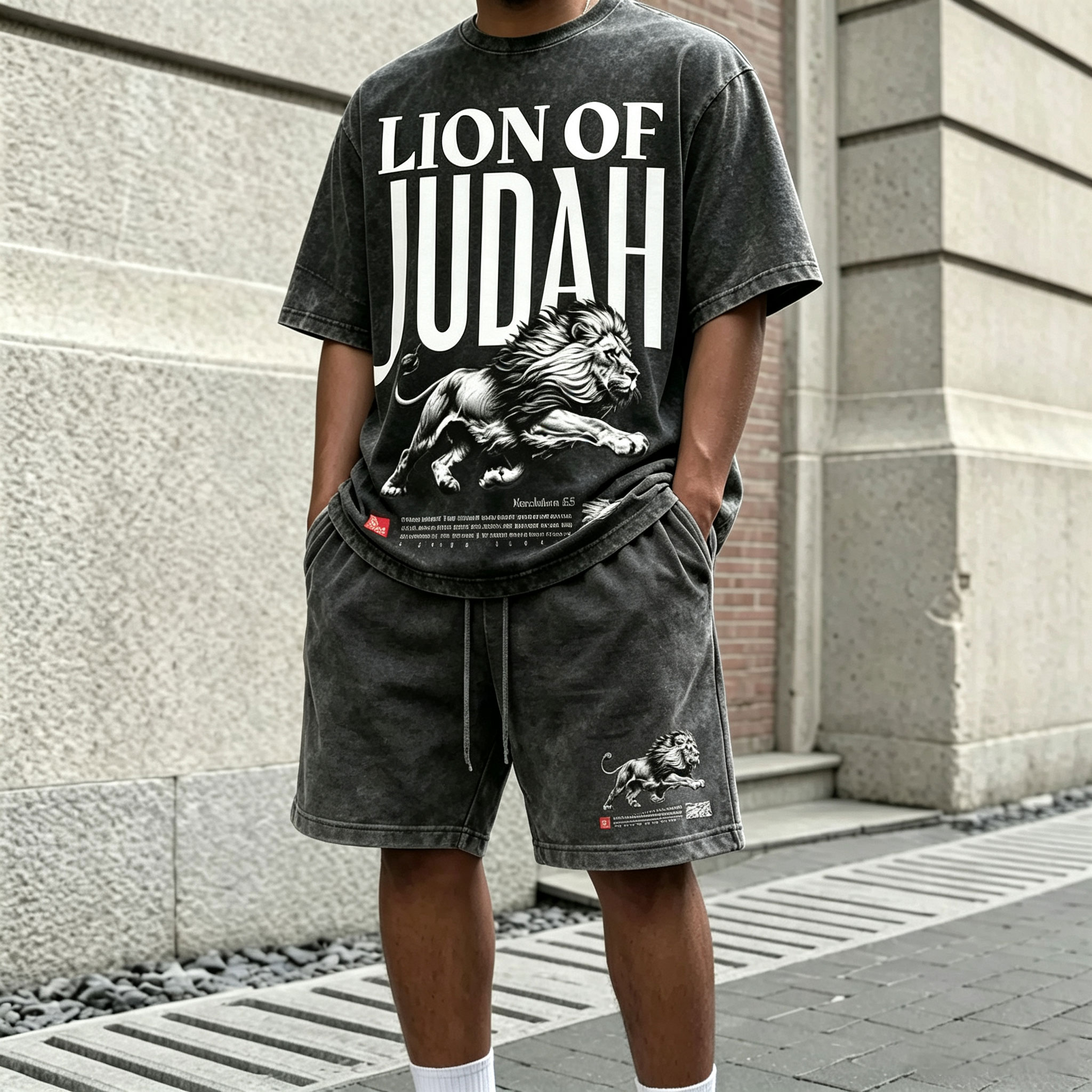 Conjunto de dos piezas casual Letter-estampado Lion-Patterned Round-Neck de manga corta camiseta and shorts para hombre