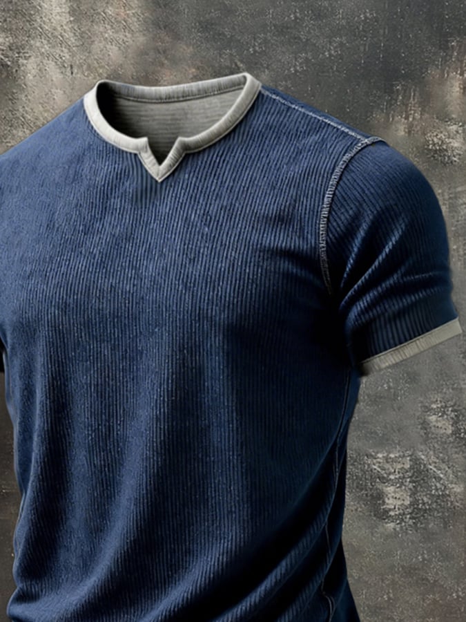Retro desgastado Patchpara trabajo en bloques de color V-Neck de manga corta Top para hombre