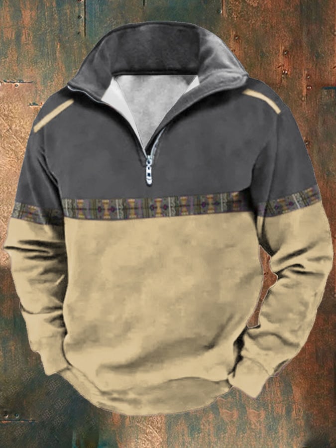 Sudadera retro Western estampado solapa de manga larga para hombre