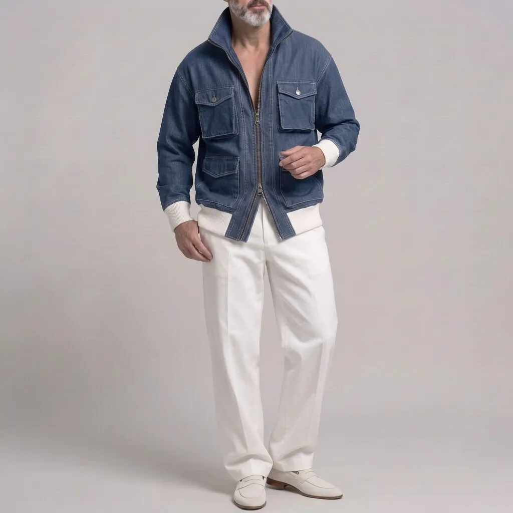 para hombre casual de color sólido Multi-Pocket Ribbed Hem con cierre Denim chaqueta