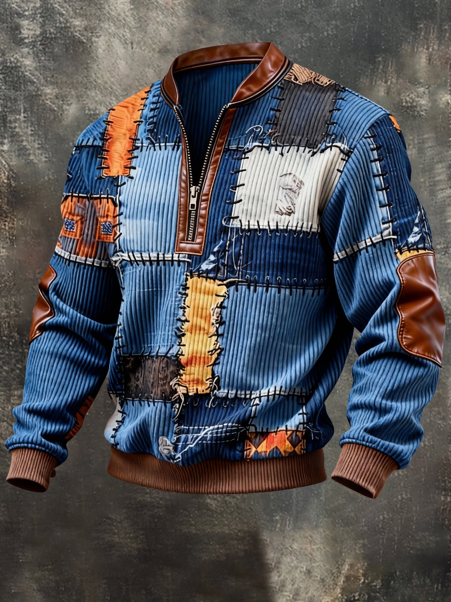 Sudadera vintage Color-Block estampado con cierre con gorrasucha para hombre