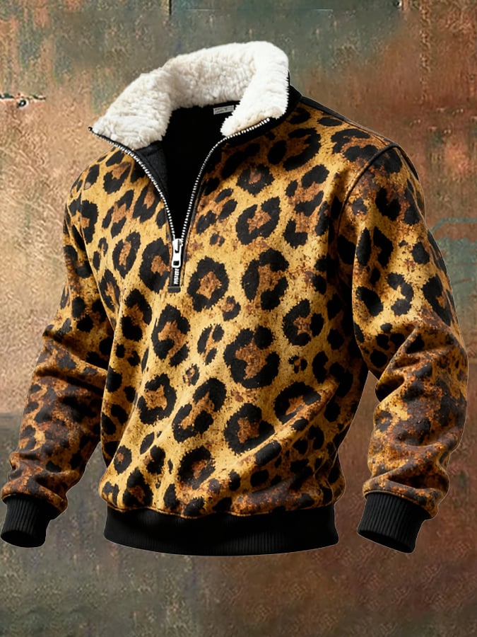 Sudadera retro Leopard estampado casual Fur cuello para hombre
