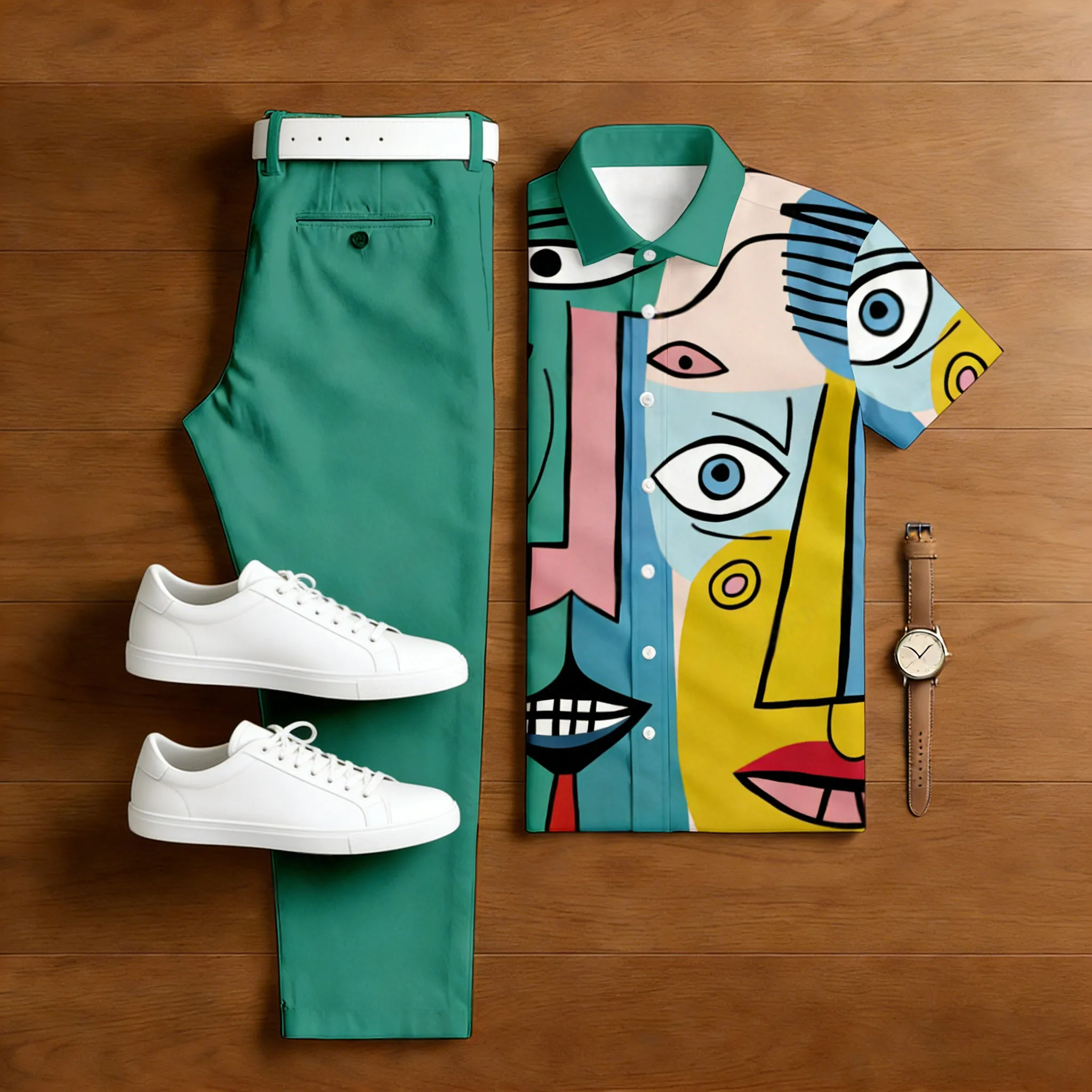 Conjunto de dos piezas casual Green Facial Features estampado camisa polo And Trousers para hombre