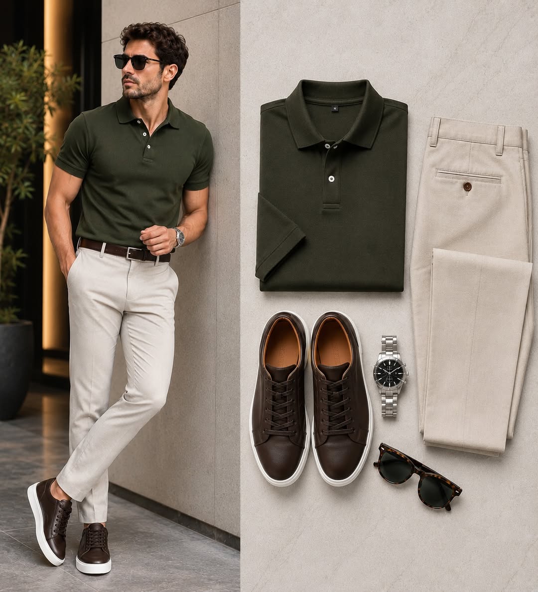 Conjunto de dos piezas casual Drak Green Color camisa polo & pantalón para hombre