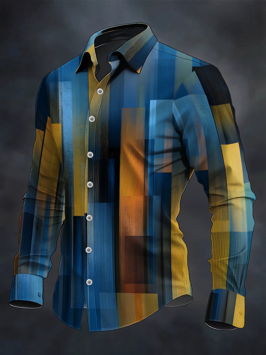 Camisa retro casual geométrico Art de manga larga para hombre