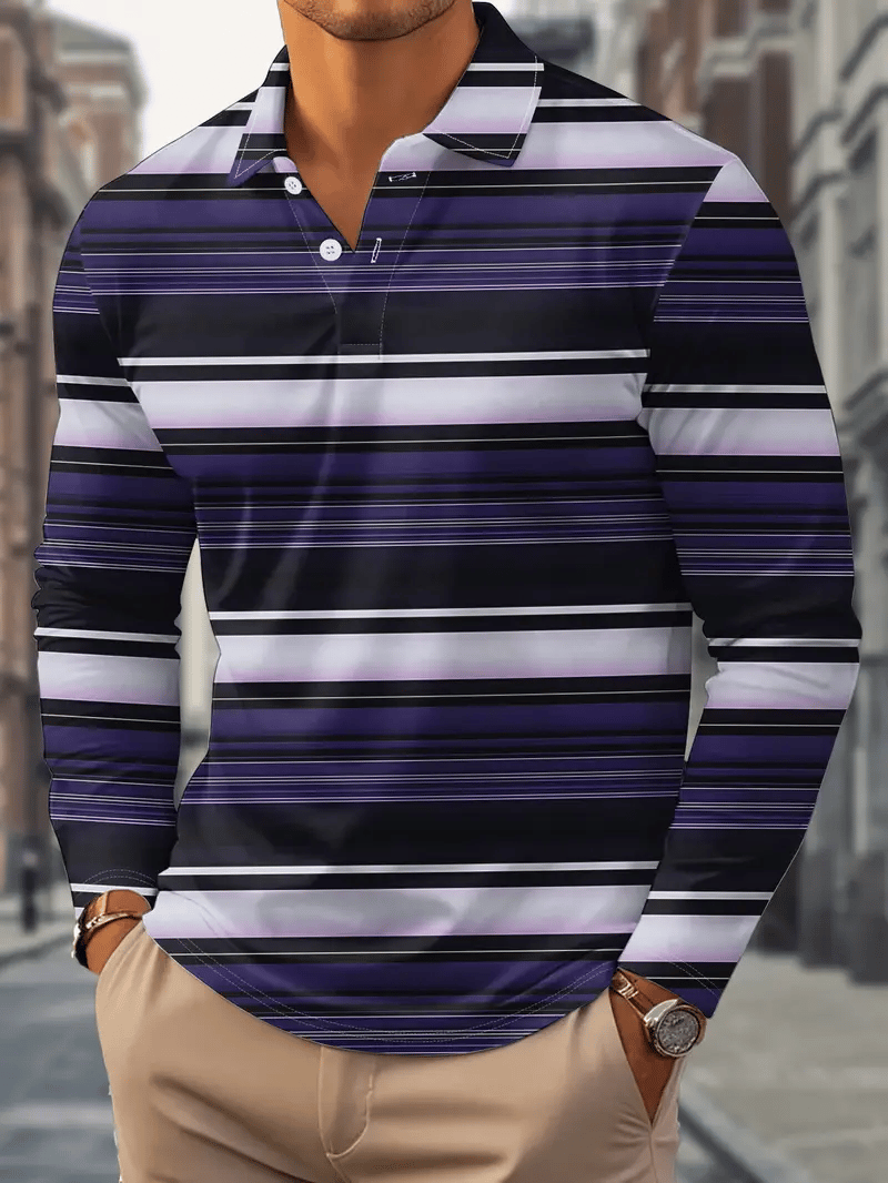 Camisa polo retro ejecutivo rayas estampado de manga larga para hombre