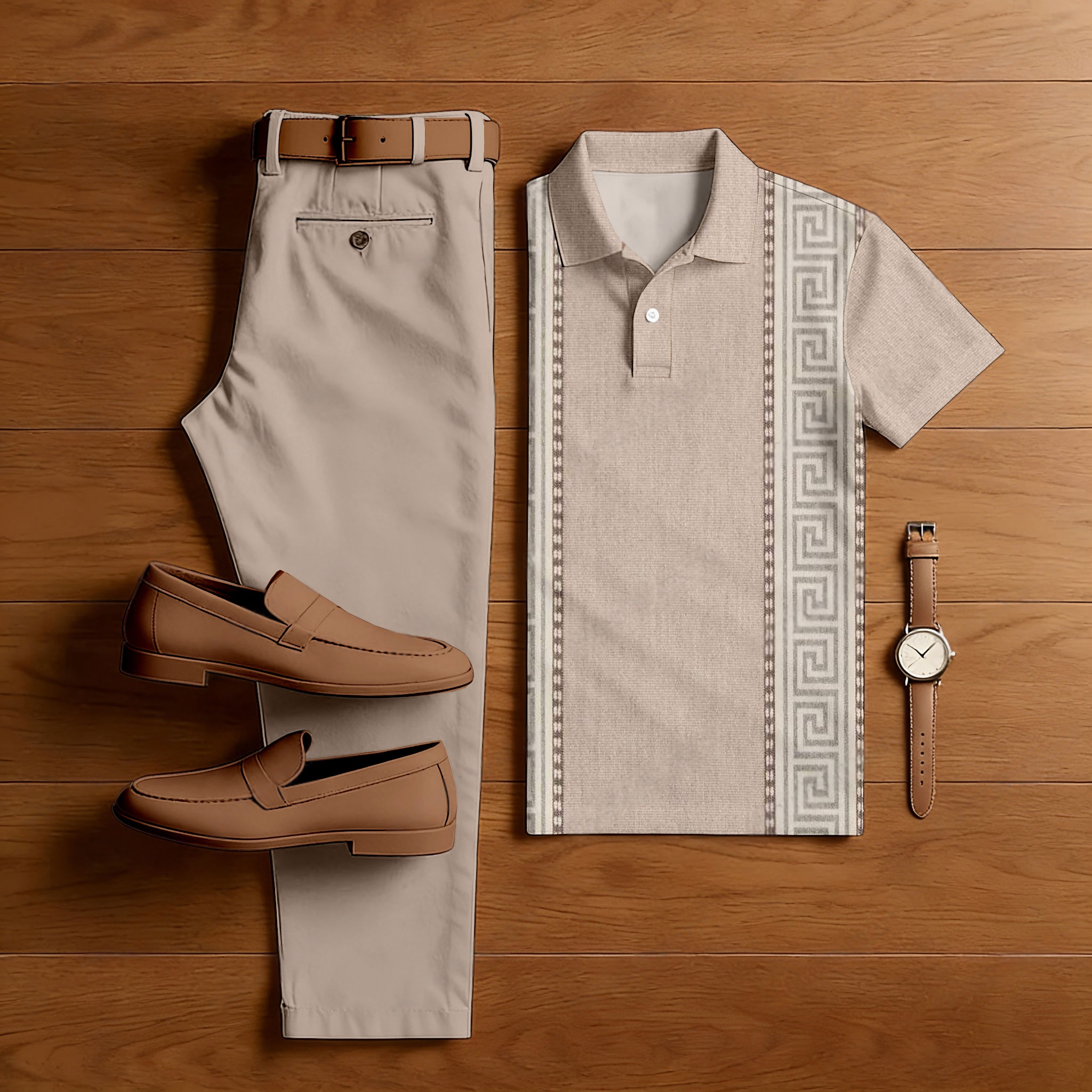 Conjunto de dos piezas casual Taupe &White Color Matching retro Style estampado de manga corta camisa polo & Trousers para hombre