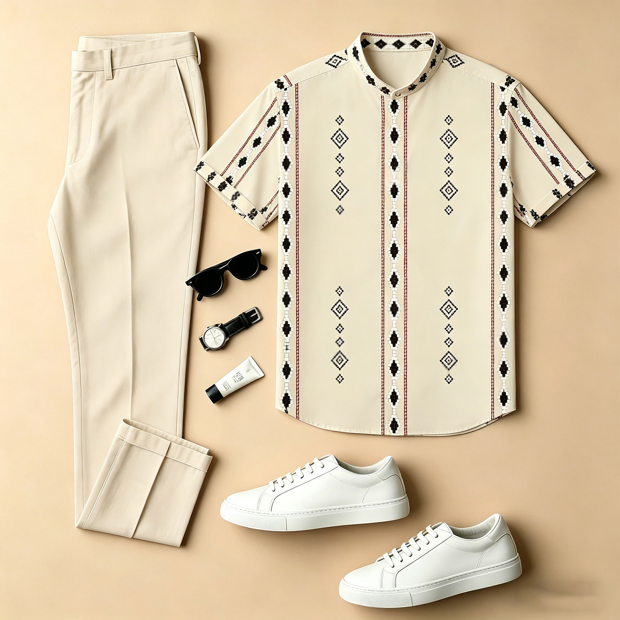 Conjunto de dos piezas casual Off White Color-Blocked estampado Crew Neck de manga corta camisa And Trousers para hombre