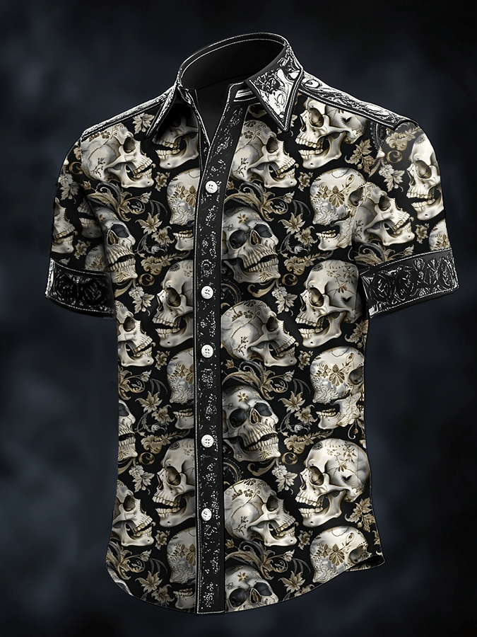 Camisa Dark Skull estampado satén de manga corta para hombre