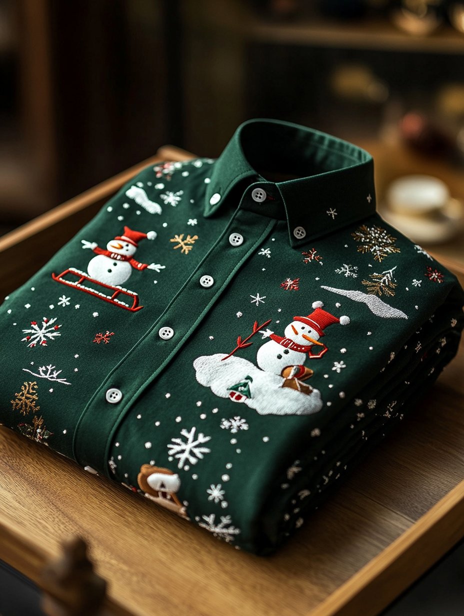 Camisa ejecutivo de lujo Christmas Snowman estampado de manga larga para hombre