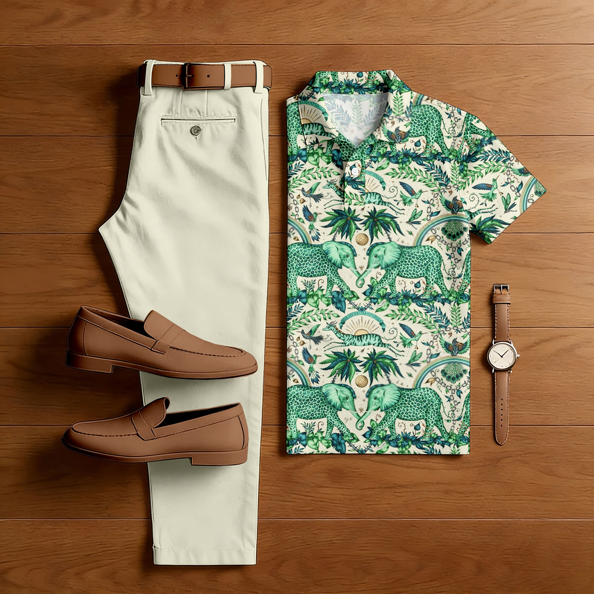 Conjunto de dos piezas casual Green Animals estampado camisa polo And Trousers para hombre