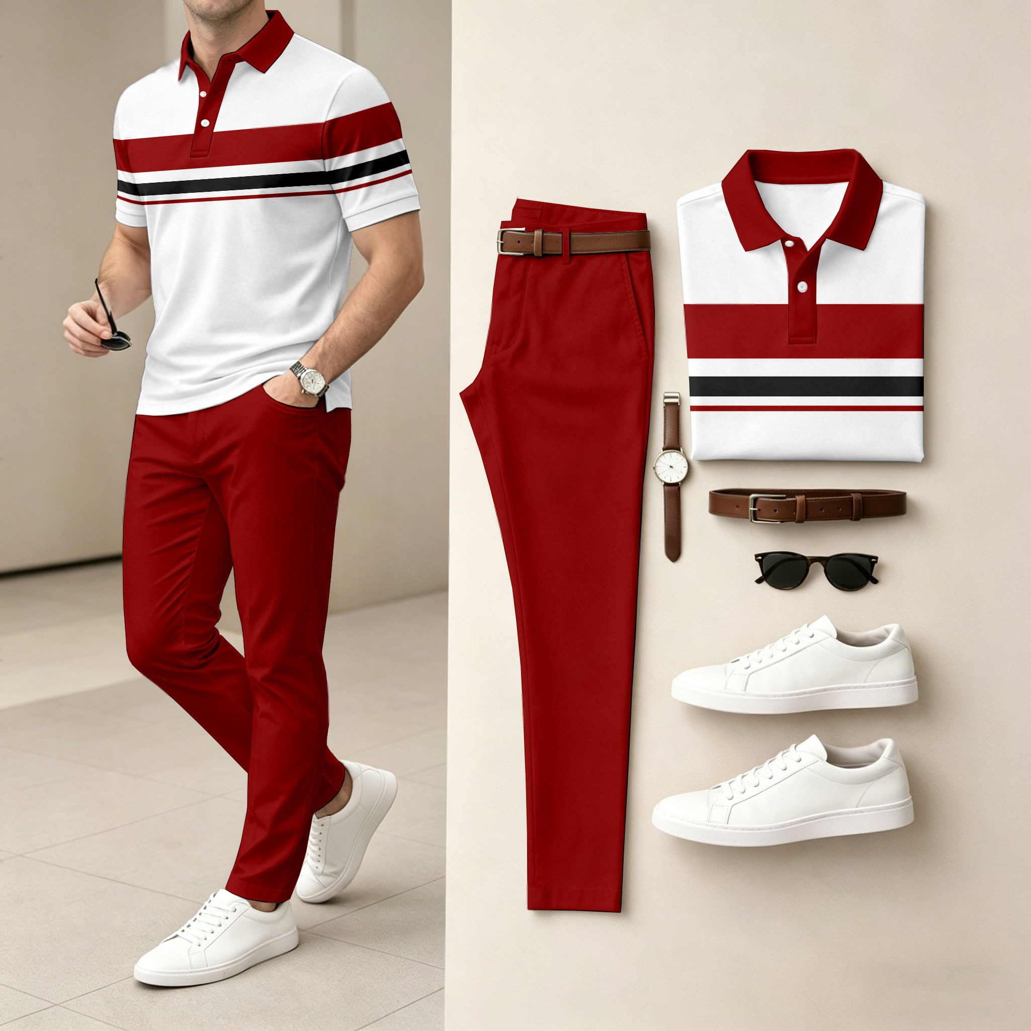 Conjunto de dos piezas casual Red Geometry estampado camisa polo And pantalón para hombre