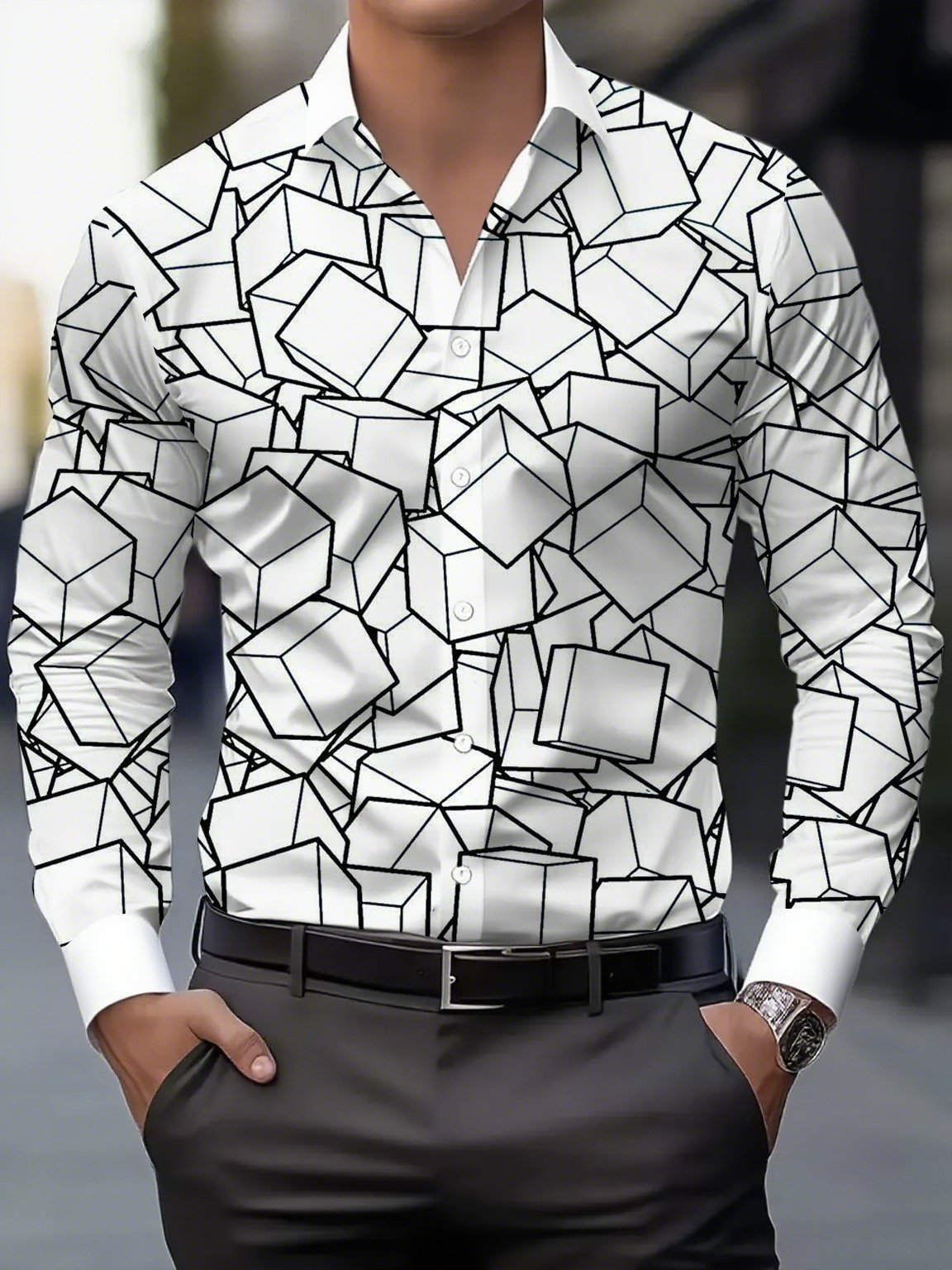 Camisa Street Style ejecutivo casual estampado de manga larga para hombre