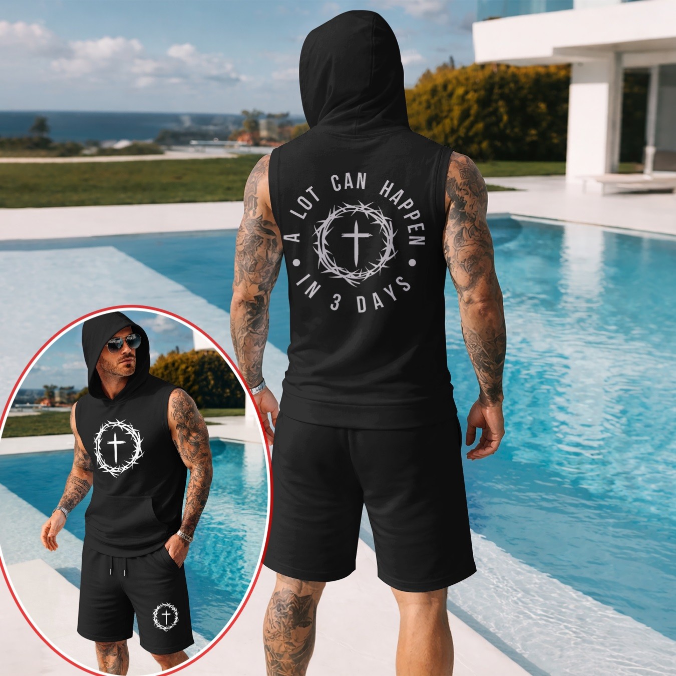 Sudadera con capucha Two-Piece Summer Set – Sleeveless & shorts with Faith Cross estampado, casual Sportwear, Athletic para exterior Outfit, Summer Street Style for Men, TikTok Hot Selling para hombre