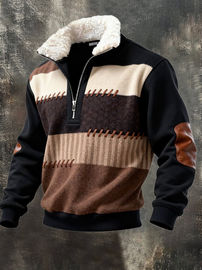 Sudadera retro en bloques de color estampado casual Fur cuello para hombre