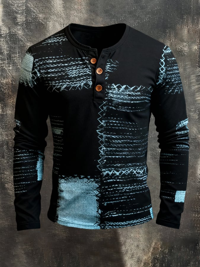 Camiseta retro Stitching Contrast Color Henley cuello de manga larga para hombre