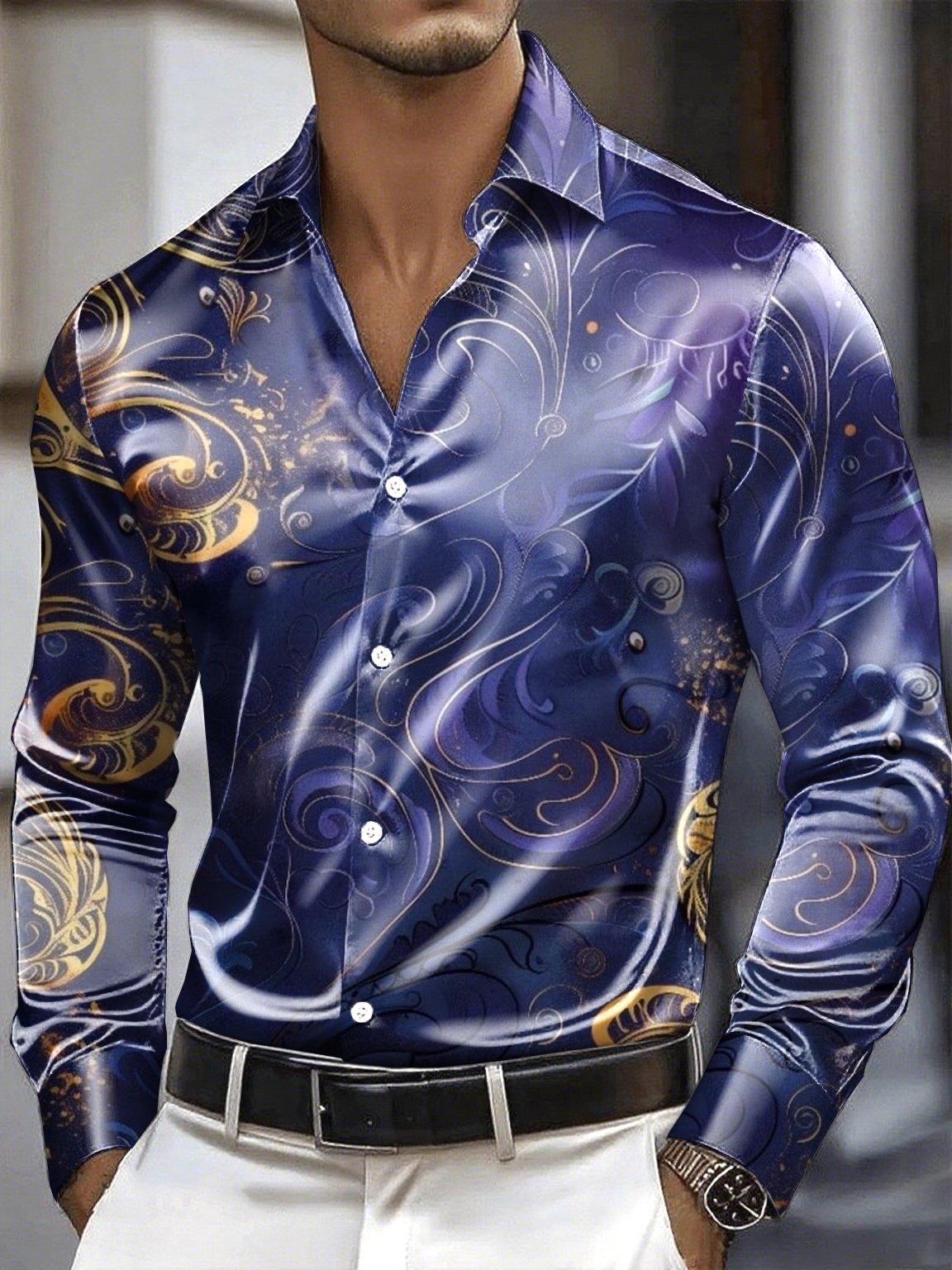 Camisa satén Luxe de manga larga con botones para hombre