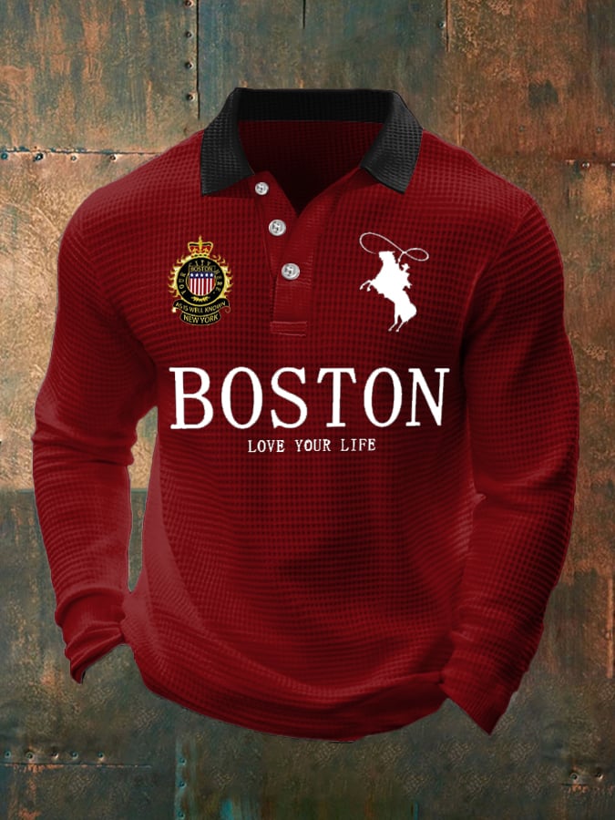 Camisa polo retro ejecutivo casual Waffle Fabric de manga larga para hombre