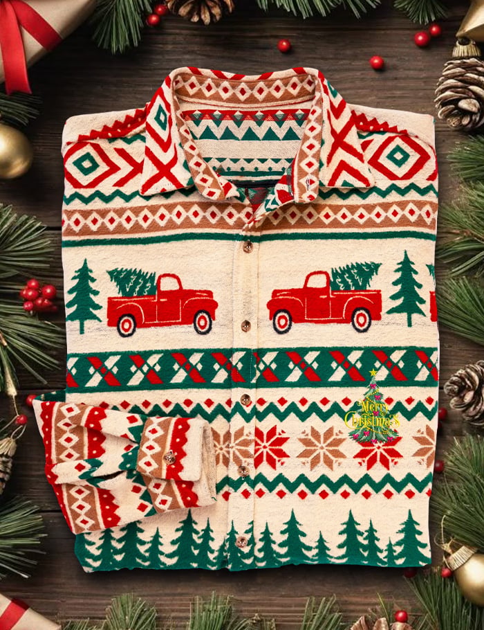 Camisa retro casual Christmas Art de manga larga para hombre