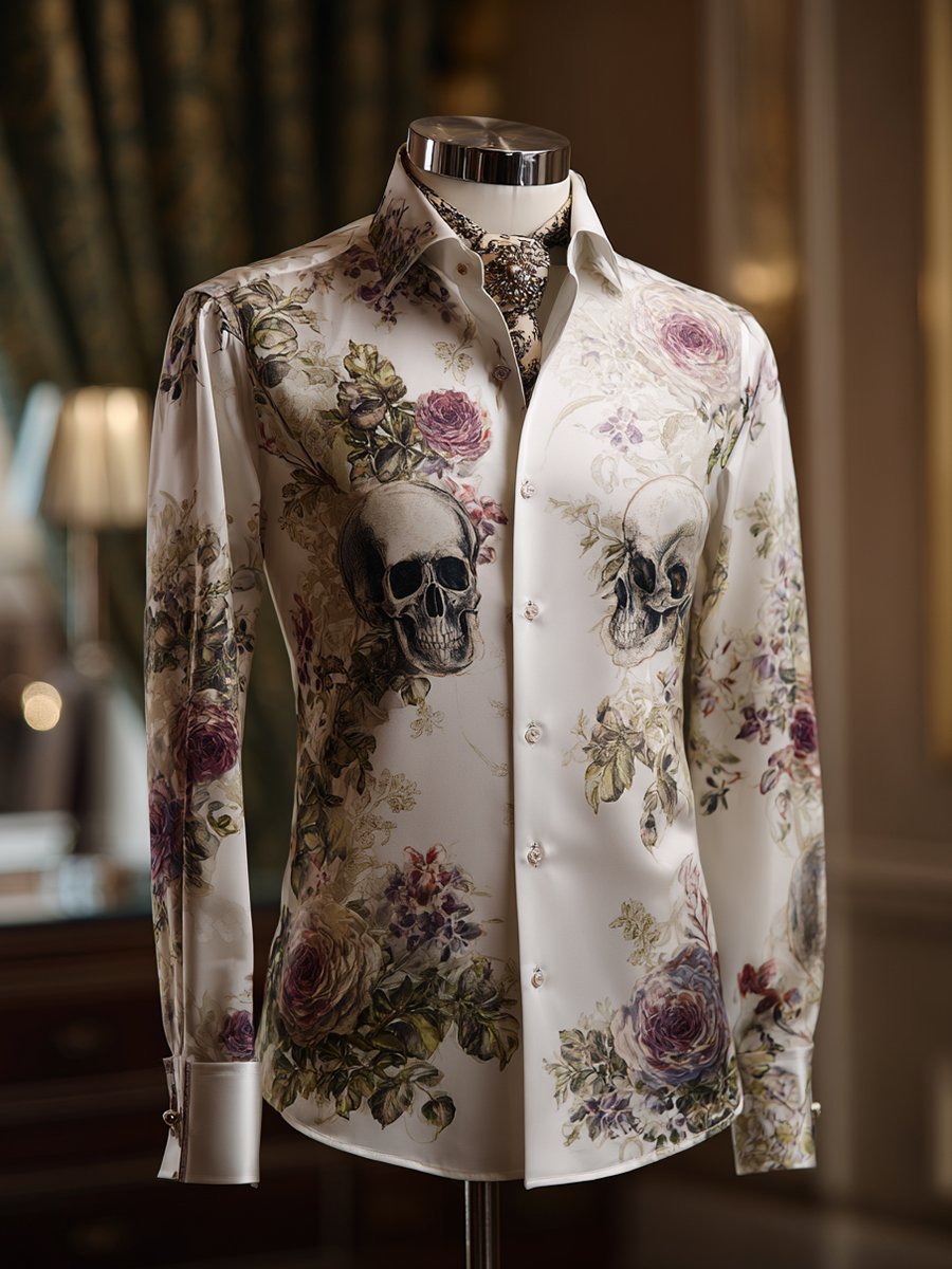 Camisa ejecutivo casual Skull Rose solapa de manga larga para hombre