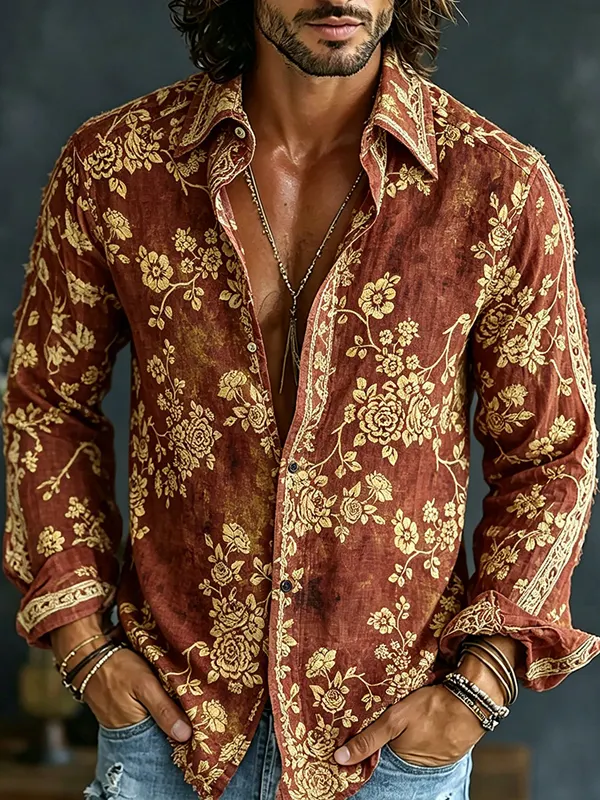 para hombre vintage floral estampado de manga larga camisa
