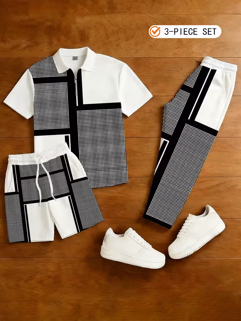para hombre casual 3-Piece Set Including A Half-Zip de manga cortad camisa, shorts, And Trousers