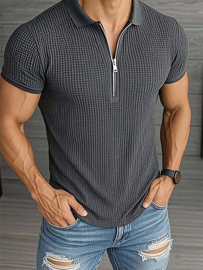 Camisa polo casual de color sólido Waffle cierre de manga corta para hombre - vista 1