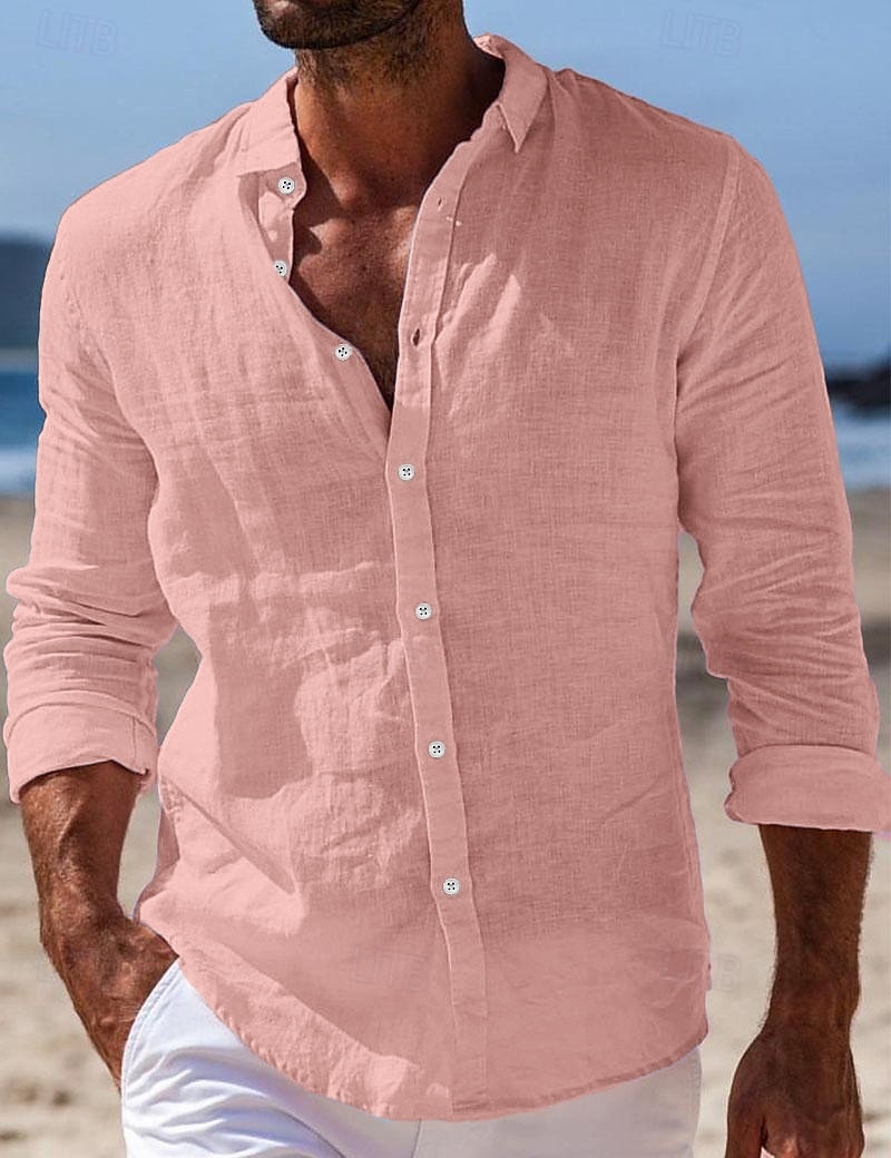 Camisa de lino camisa Summer camisa Beach Wear Button Up camisa Plain casual para uso diario Black White Pink Navy Blue de manga larga Turndown Spring & Summer Clothing Apparel para hombre - vista 4