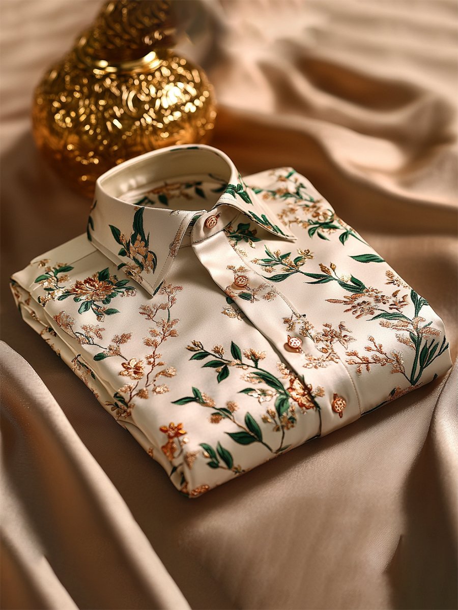 Camisa satén de lujo vintage ejecutivo de manga larga para hombre
