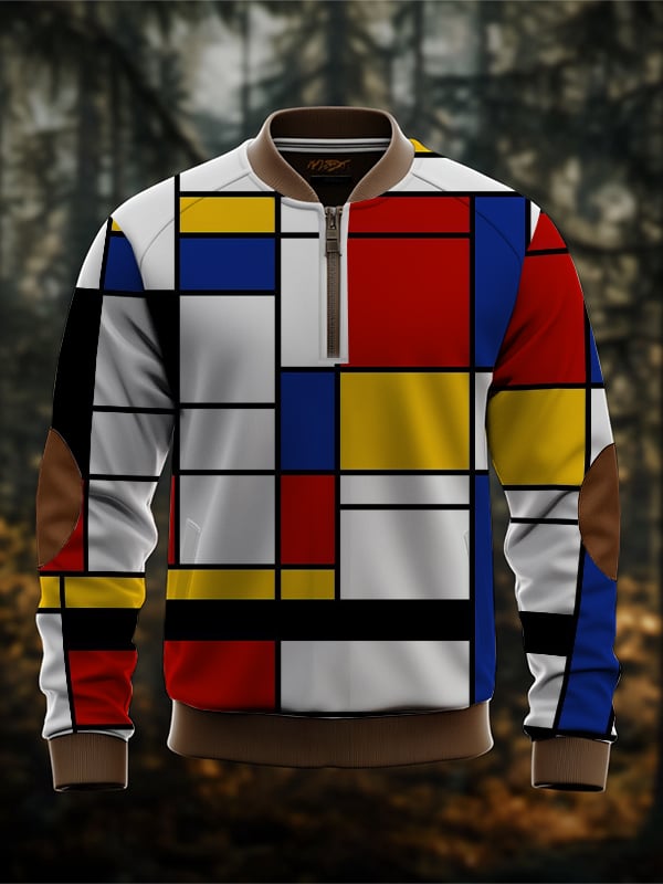 Sudadera retro Mondrian en bloques de color estampado Zip cuello para hombre
