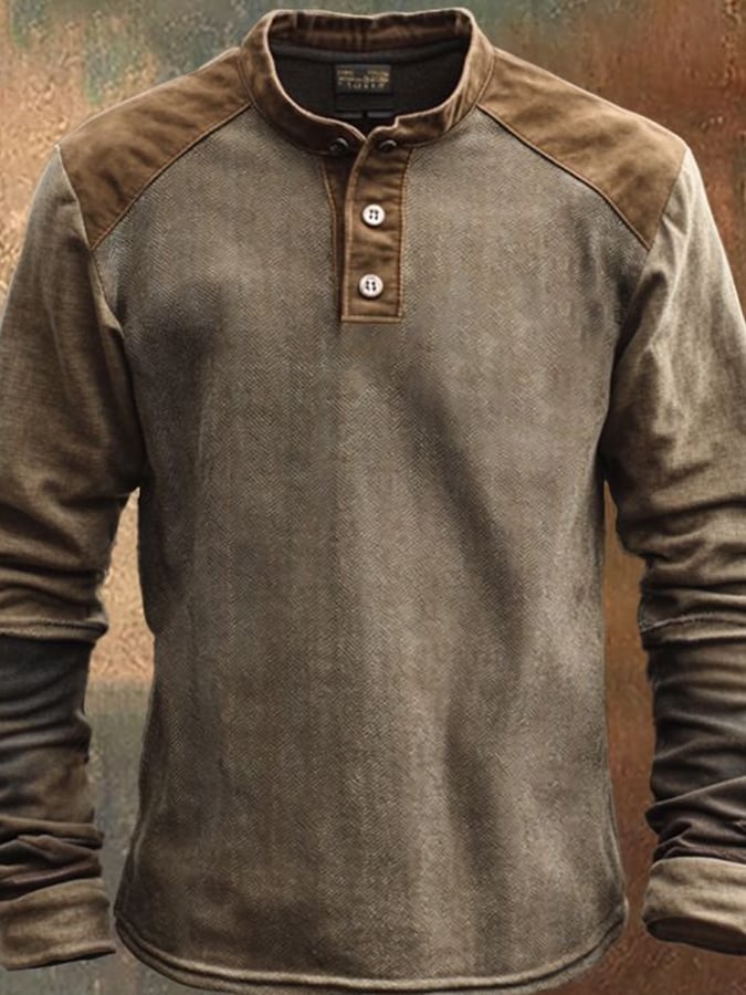 Camisa casual vintage desgastado estampado de manga larga Henley para hombre