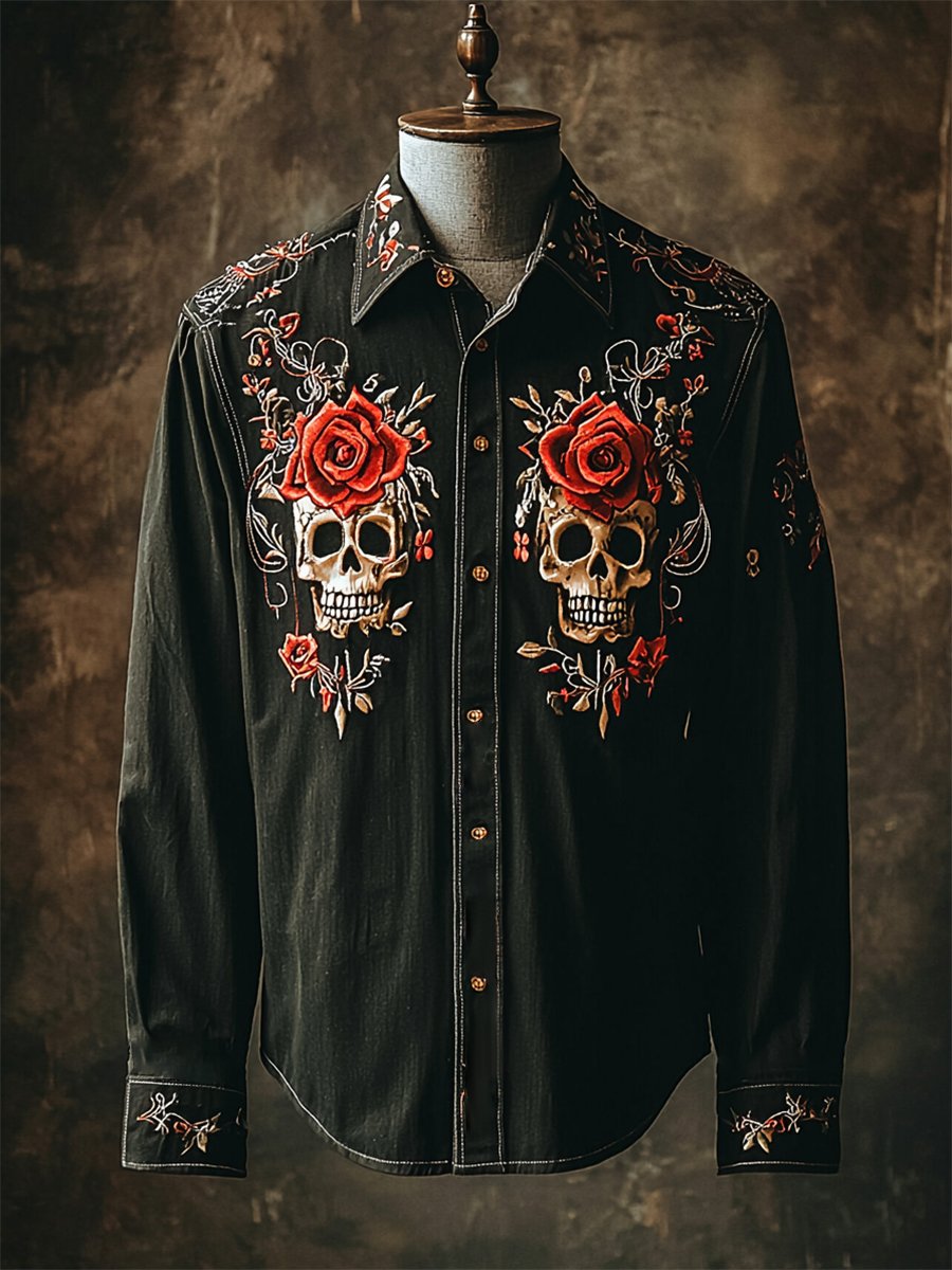 Camisa retro casual Skull estampado de manga larga para hombre