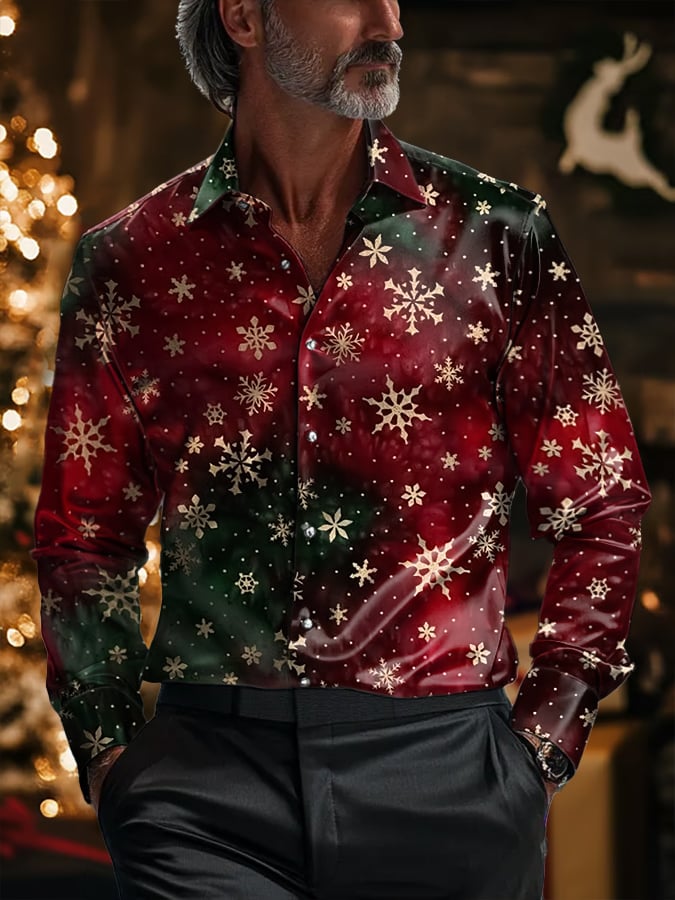 Camisa de lujo Christmas Contrast Color estampado de manga larga para hombre