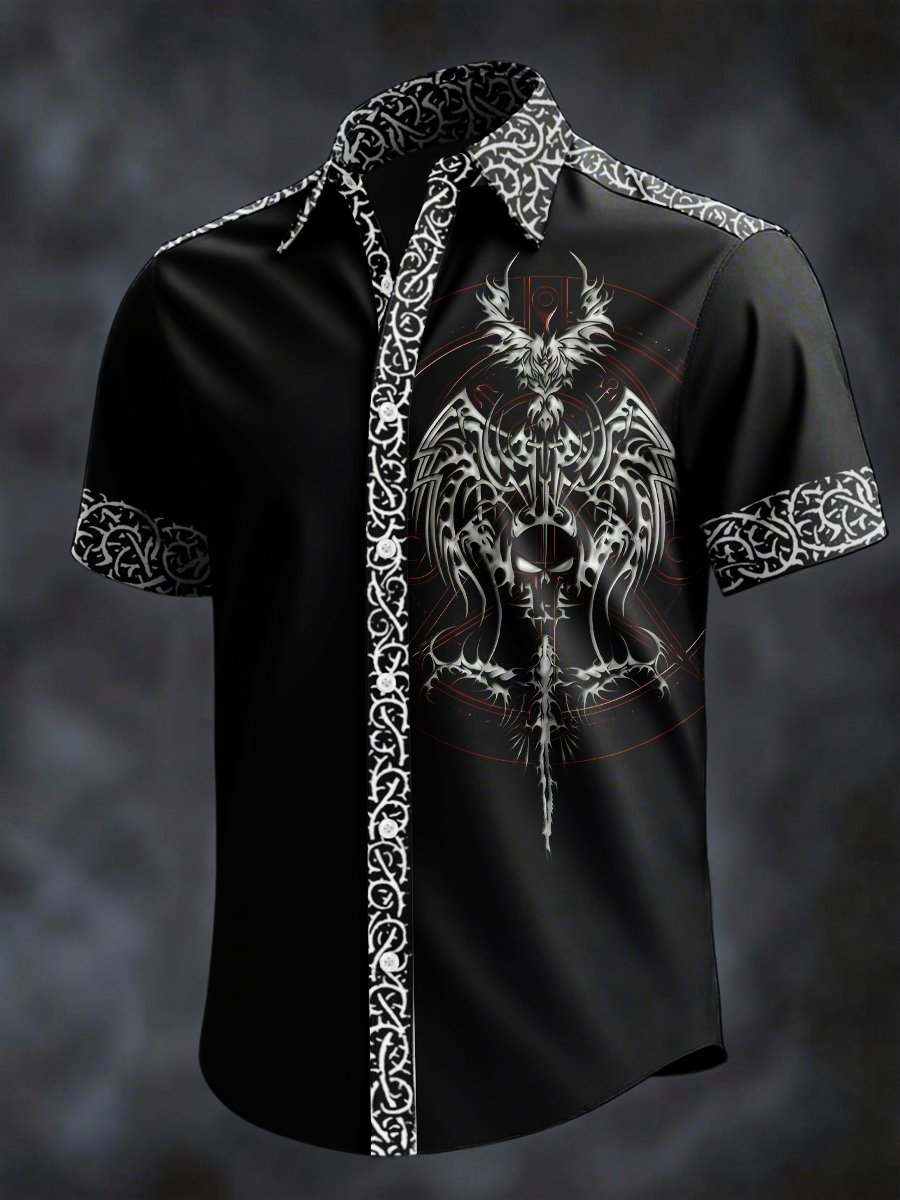 Camisa retro Horror Skull estampado solapa de manga corta para hombre