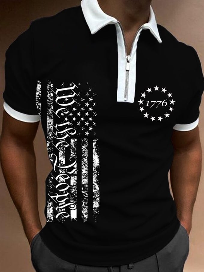 Camisa polo Independence Day 1776 Flag estampado Zip Collar para hombre