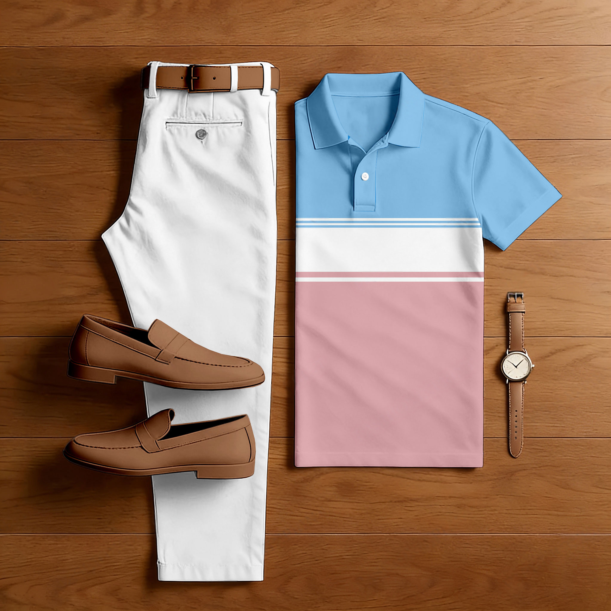 Conjunto de dos piezas casual Blue & Pink Geometry estampado camisa polo And pantalón para hombre